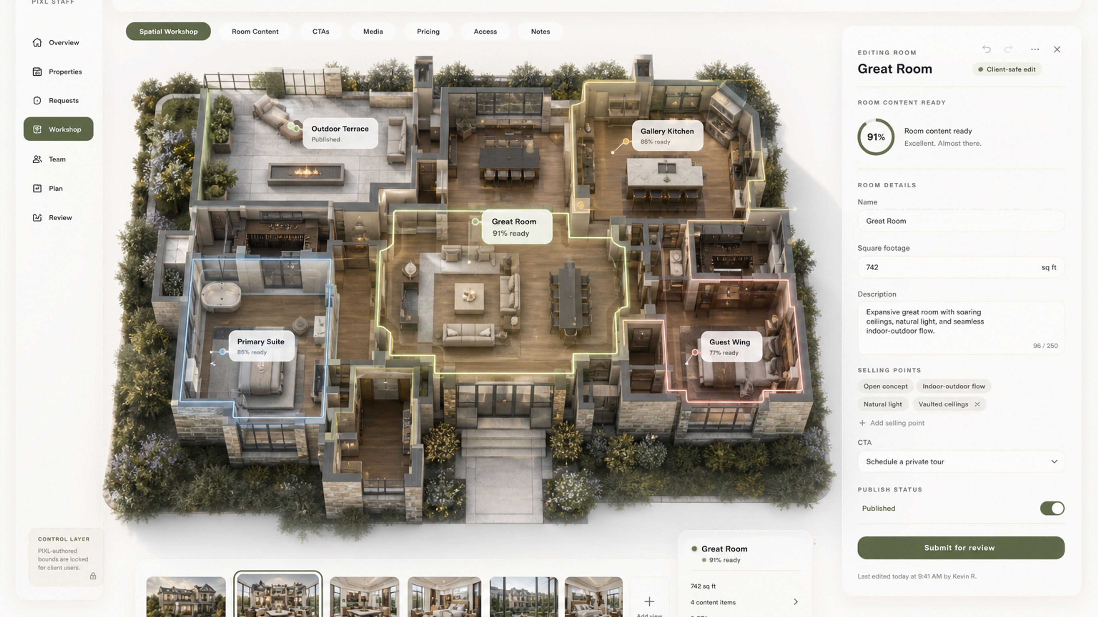 Atlas spatial workshop interface for room and property controls.