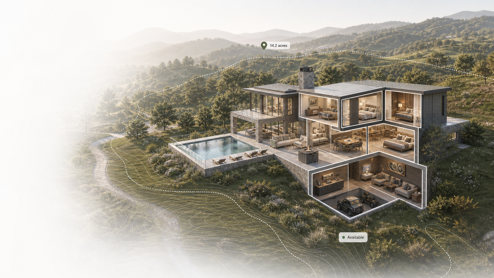 Atlas hosted property experience showing a section-cut estate and acreage context