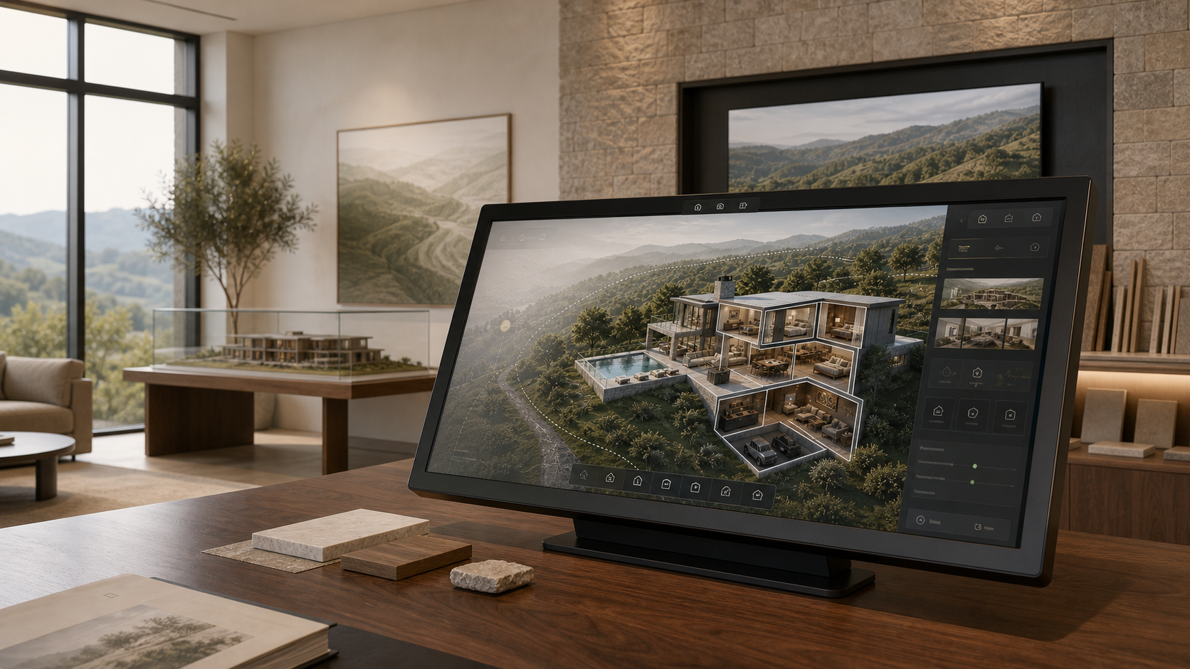 Sales center display showing an Atlas property experience on a large touch surface